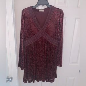 Altar’d State Maroon Velvet Dress with Long Bell Sleeves